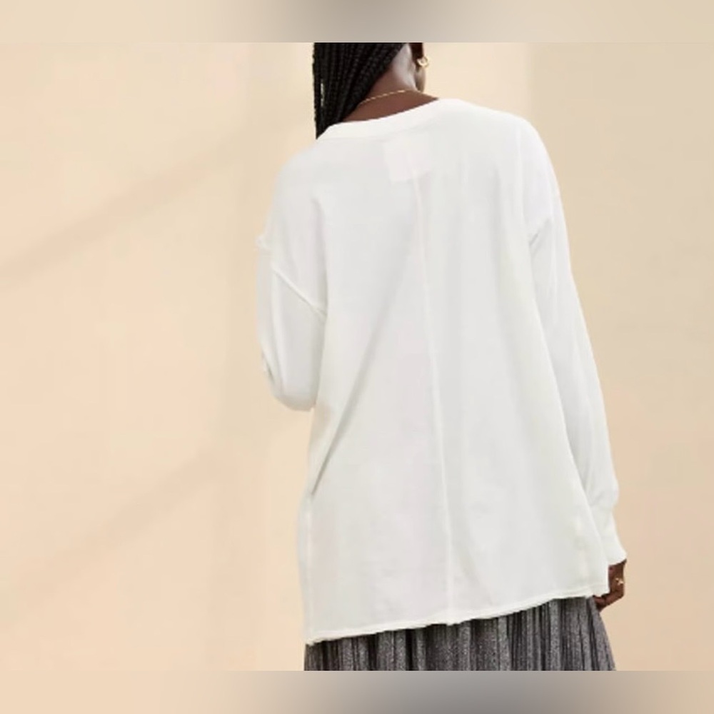 Aerie Cozy Oversized Boyfriend Graphic T-shirt Soft Muslin Cream Charcoal Bow XS - Picture 2 of 11